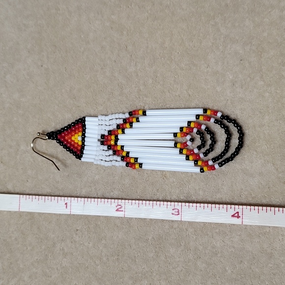 Beaded Earrings - Red, Orange, Yellow, White seed Beads and 1" Bugle beads - Picture 3 of 3